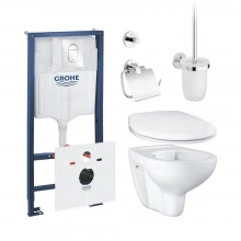 Готовый набор для туалета GROHE Bau Ceramic: унитаз подвесной, инсталляция GROHE Rapid SL с панелью Arena Cosmopolitan S, сиденье и аксессуары (NW0048)