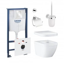 Готовый набор для туалета GROHE Euro Ceramic: унитаз подвесной, инсталляция GROHE Rapid SL с панелью Skate Cosmopolitan S альпин-белый, сиденье и аксессуары (NW0049)