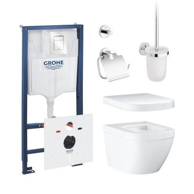 Готовый набор для туалета GROHE Euro Ceramic: унитаз подвесной, инсталляция GROHE Rapid SL с панелью Skate Cosmopolitan S альпин-белый, сиденье и аксессуары (NW0049)