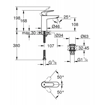 Смеситель для раковины GROHE Start Edge с донным клапаном, M-Size, хром (23775000) Смеситель для раковины GROHE Start Edge с донным клапаном, M-Size, хром (23775000)