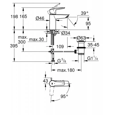 Смеситель для раковины однорычажный GROHE QuickFix Start с донным клапаном, S-Size, хром, (31137002) Смеситель для раковины однорычажный GROHE QuickFix Start с донным клапаном, S-Size, хром, (31137002)