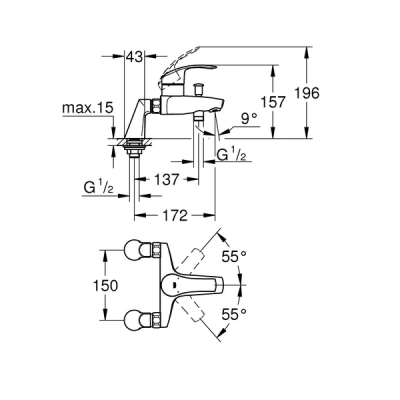 Смеситель однорычажный для ванны, GROHE Eurosmart New, хром, (33303002) Смеситель однорычажный для ванны, GROHE Eurosmart New, хром, (33303002)
